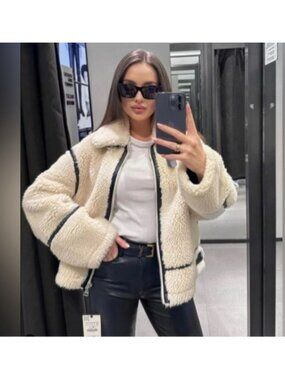 ZARA Women's Faux Shearling Aviator Biker Jacket Cream Black Size M